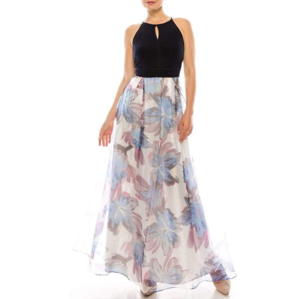NWT SL FASHIONS Women's Floral Print Organza Skirt Keyhole Top Gown Maxi Dress
